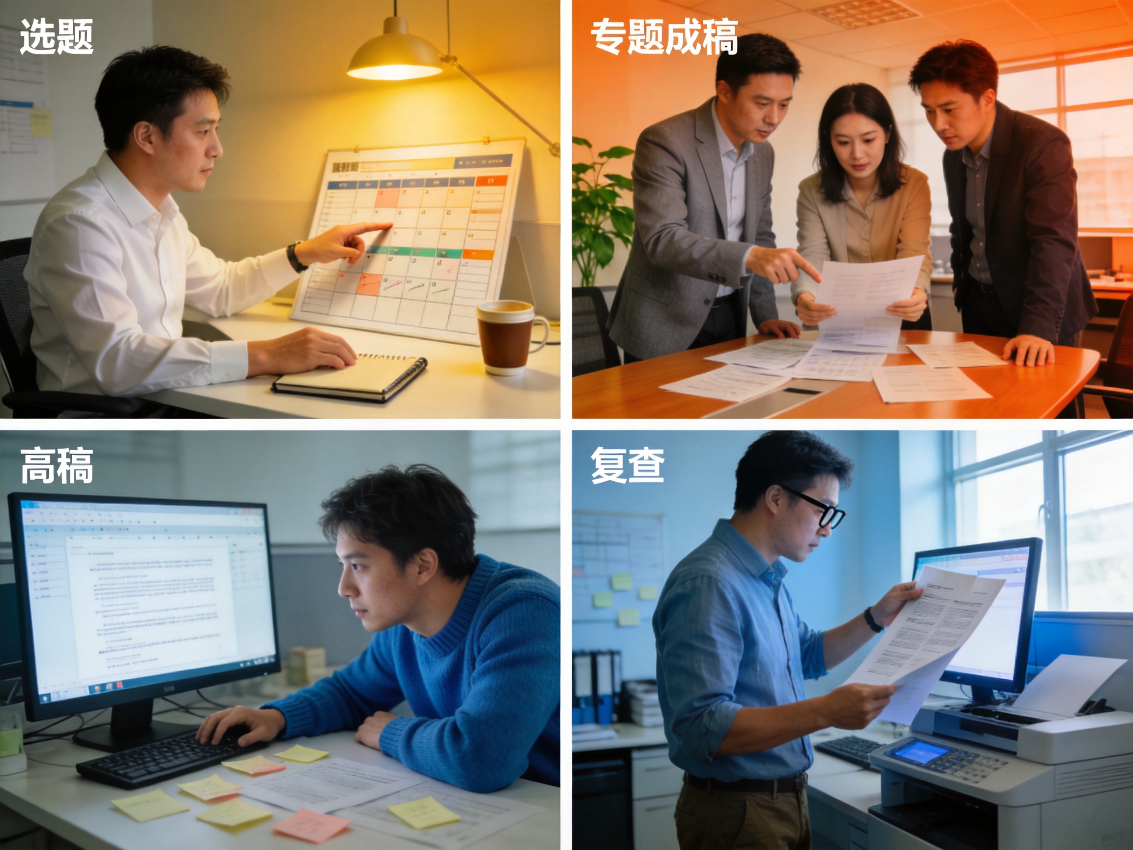 内容编辑工作场景，展示赛事资讯选题、信息核对与专题成稿的制作流程